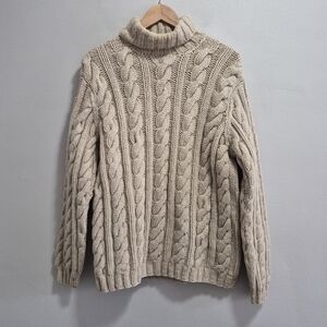 Lands' End Cableknit 100% Lambswool Turtleneck Sweater Thick Chunky Medium